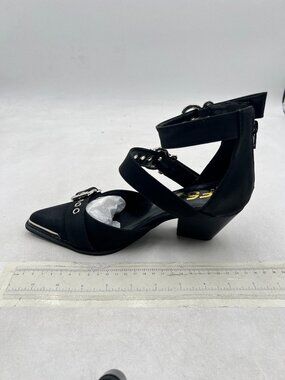 FSJ Black Suede Women's Pointed Toe Buckle Strappy Chunky Low Heel Sandals